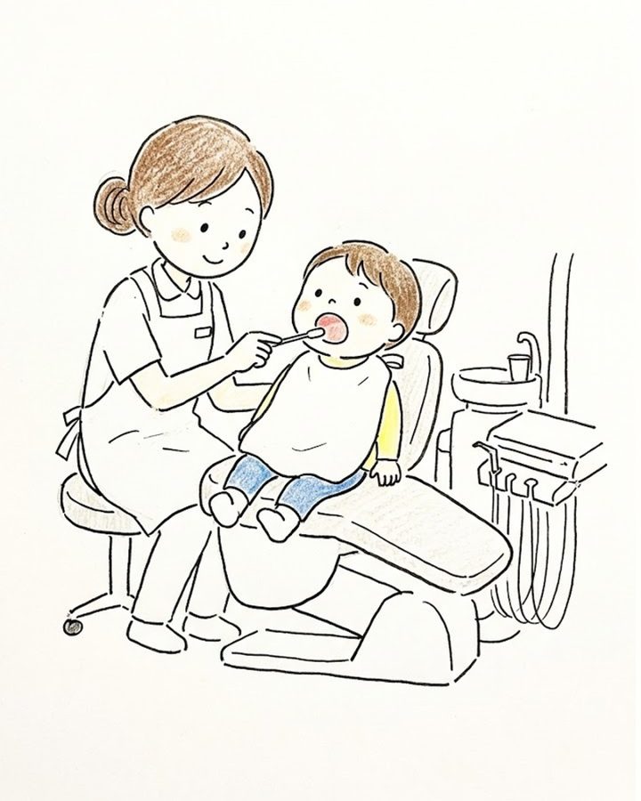 歯科衛生士が子どもの歯にフッ素を塗っているイラスト
